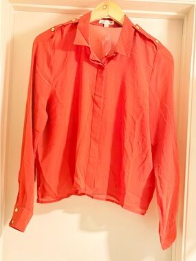 NWOT mine Coral-Red Button Front Blouse with Gold Accents